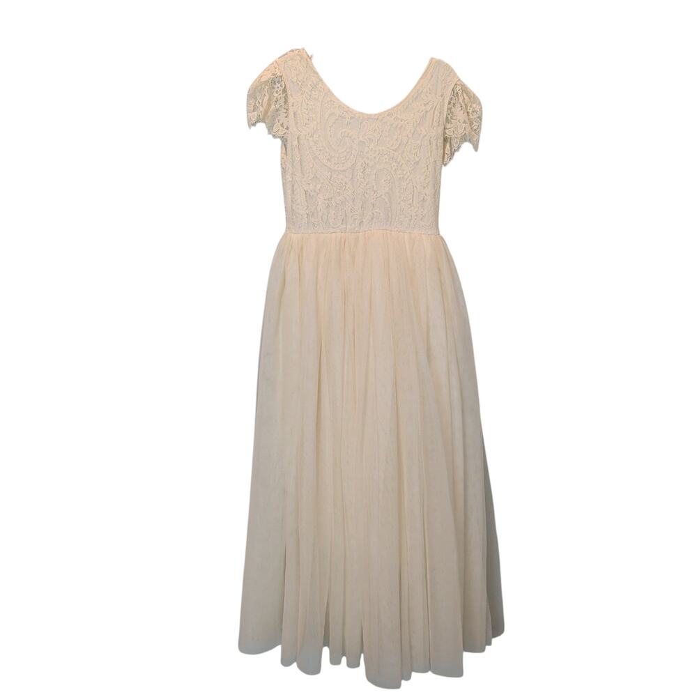 2Bunnies Girls Sz 6 Cream Ivory Tulle Lace Flower Girl Dress Maxi Full Length